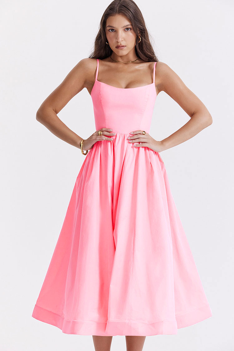 Fresh Askılı Cepli Midi Elbise - Pembe