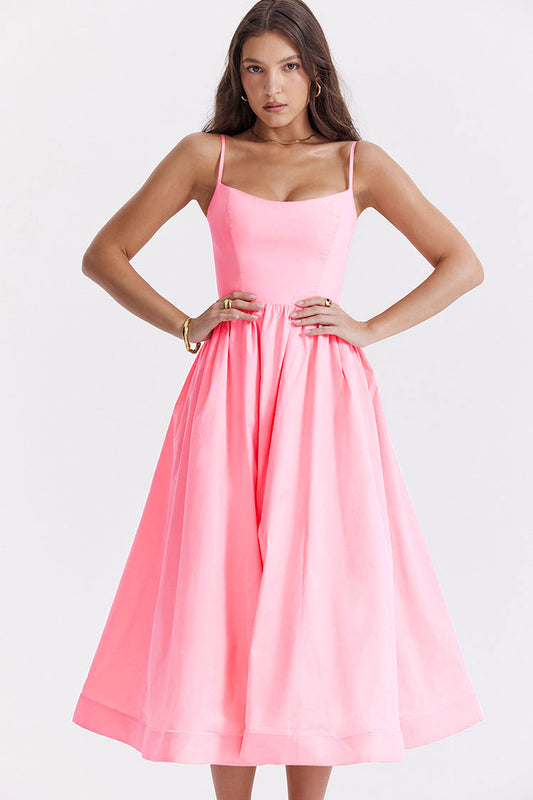 Fresh Askılı Cepli Midi Elbise - Pembe