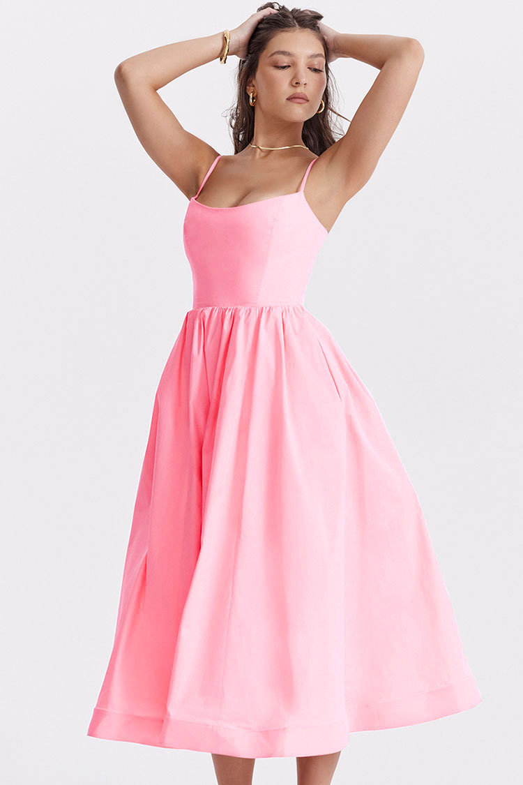 Fresh Askılı Cepli Midi Elbise - Pembe