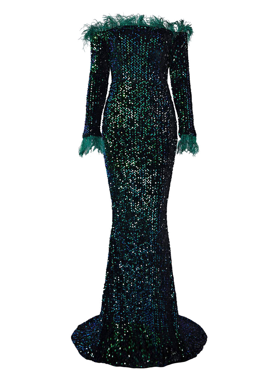 Hesper Omuzsuz Tüy Payetli Abiye Maxi Elbise
