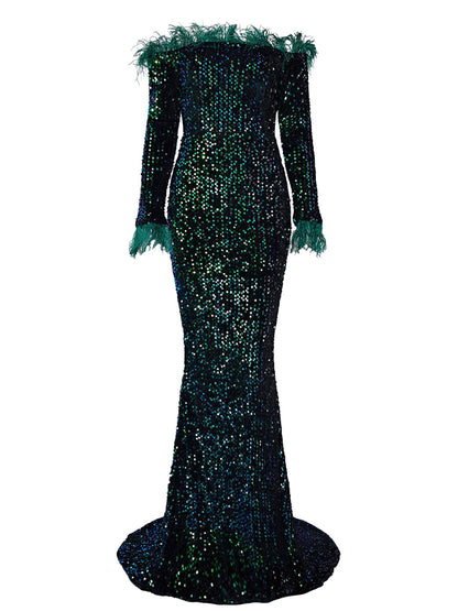 Hesper Omuzsuz Tüy Payetli Abiye Maxi Elbise