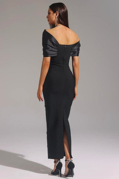 Emly Kristal Taş İşlemeli Maxi Elbise-Siyah