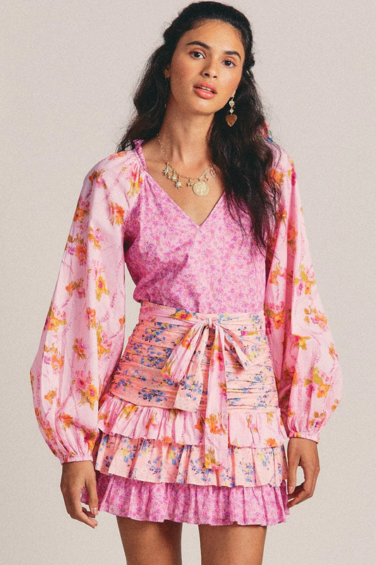 Fırfırlı Çiçek Baskılı Mini Elbise - Pembe