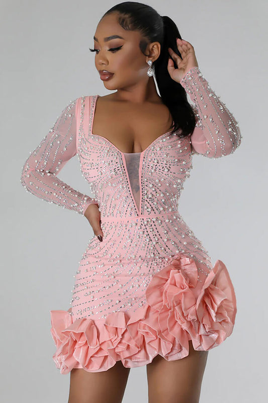 Dalma Boncuklu Fırfırlı Bodycon Mini Elbise