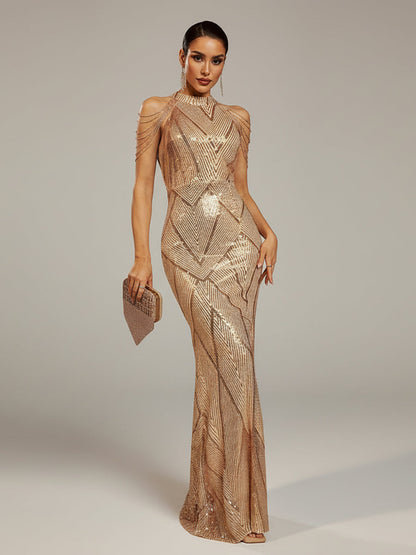 Perla Boncuklu Zincirli Maxi Elbisesi