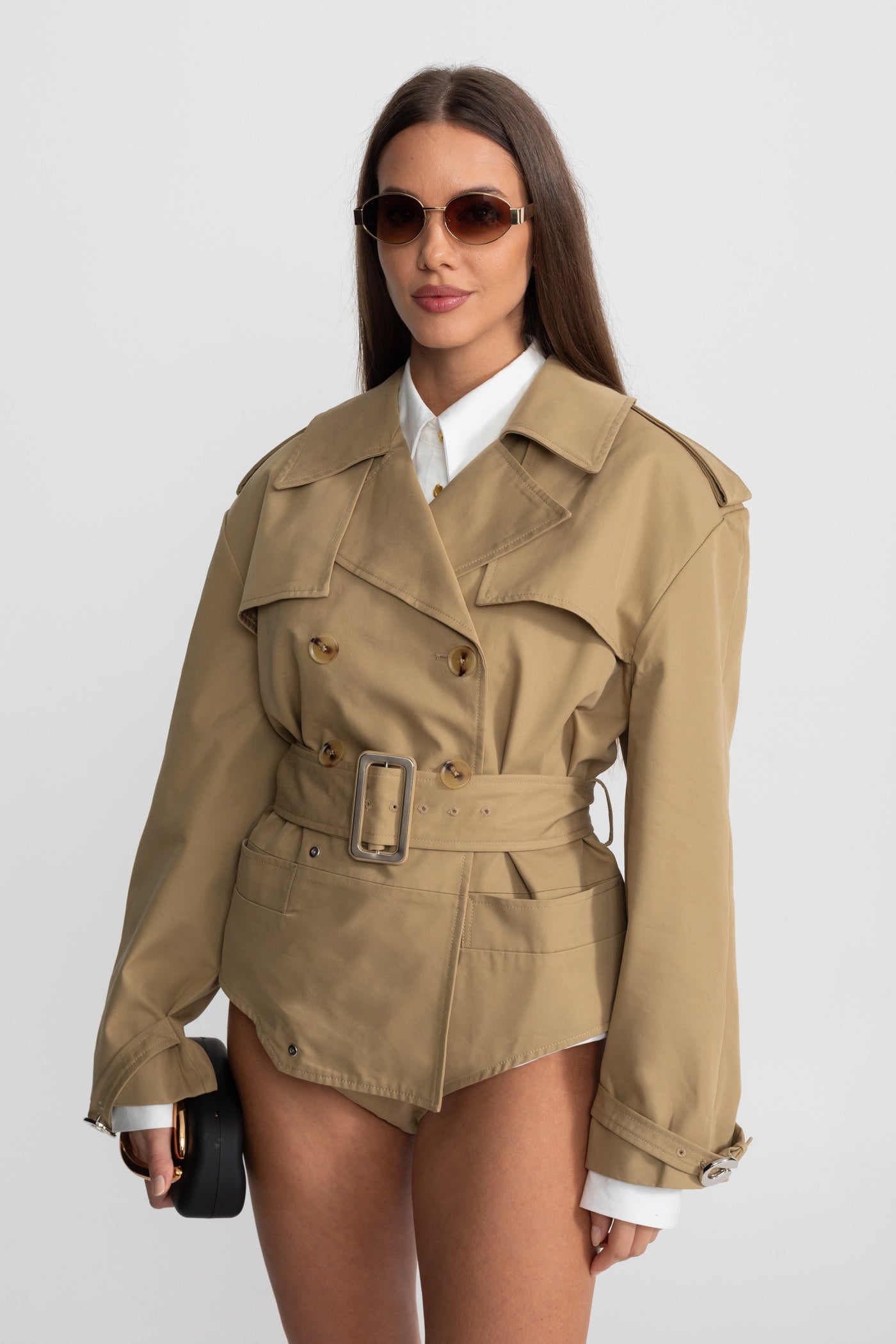 Kemerli Bel ve Yapısal Yaka ile Trench Bodysuit Ceket