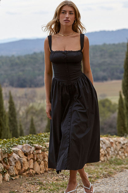Kare Yaka Dantelli Flare Midi Elbise- Siyah