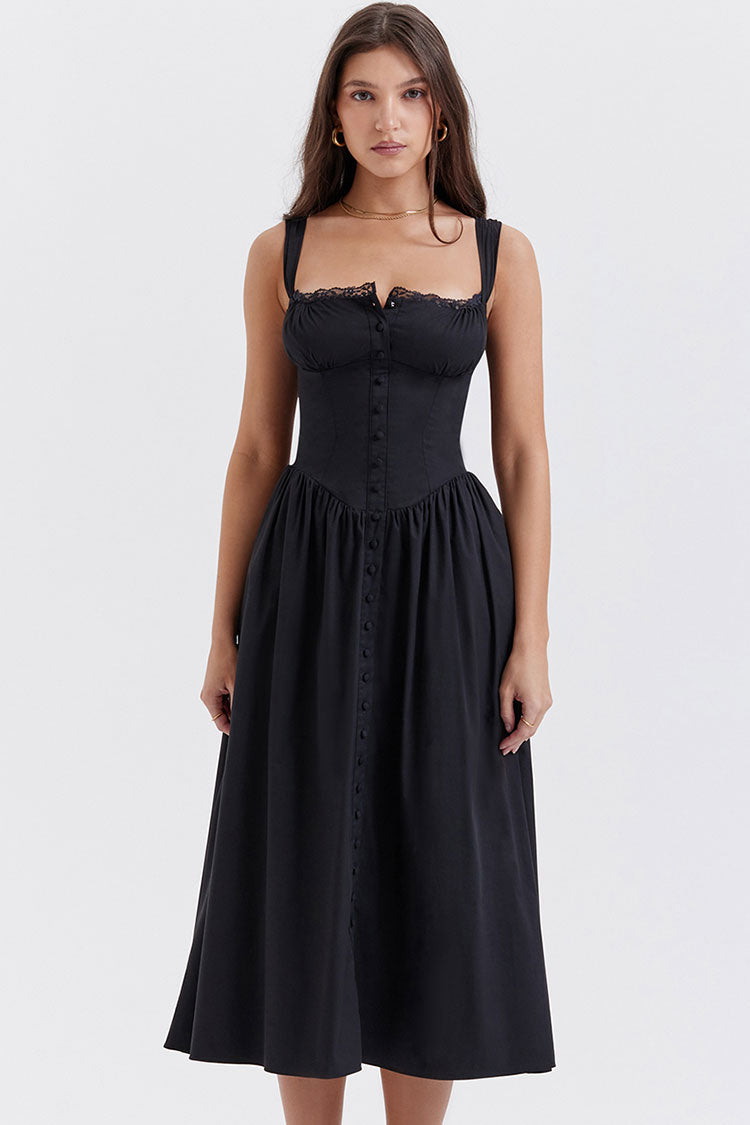 Kare Yaka Dantelli Flare Midi Elbise- Siyah