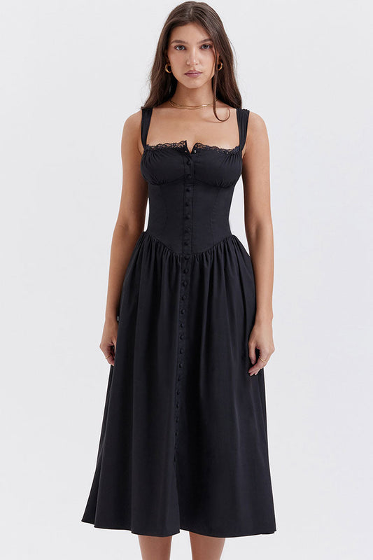 Kare Yaka Dantelli Flare Midi Elbise- Siyah