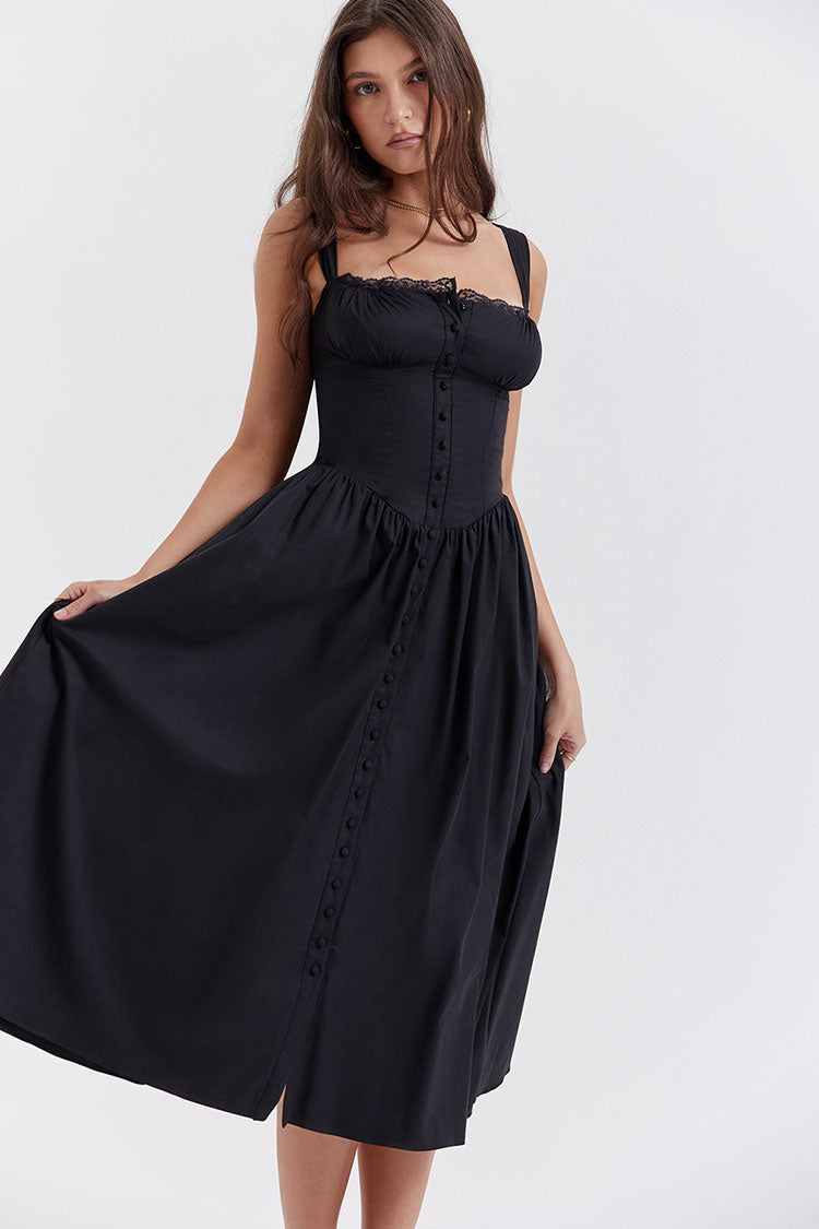 Kare Yaka Dantelli Flare Midi Elbise- Siyah