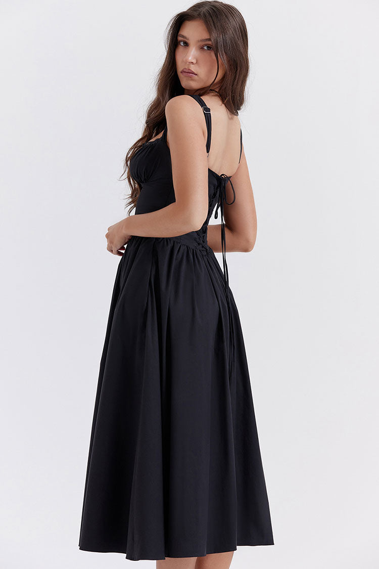 Kare Yaka Dantelli Flare Midi Elbise- Siyah