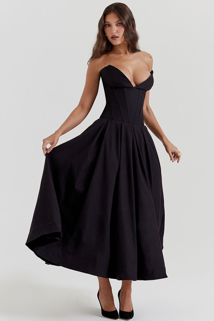 V Yaka Straplez Fit Flare Midi Elbise - Siyah