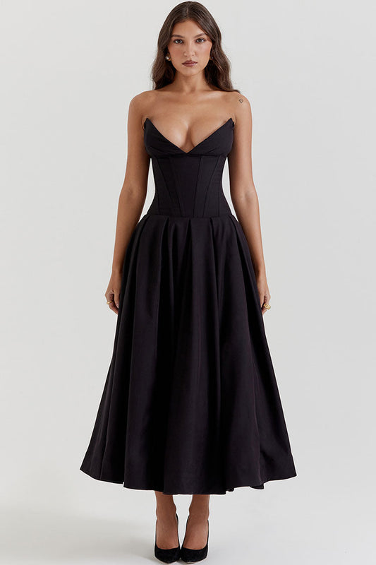 V Yaka Straplez Fit Flare Midi Elbise - Siyah