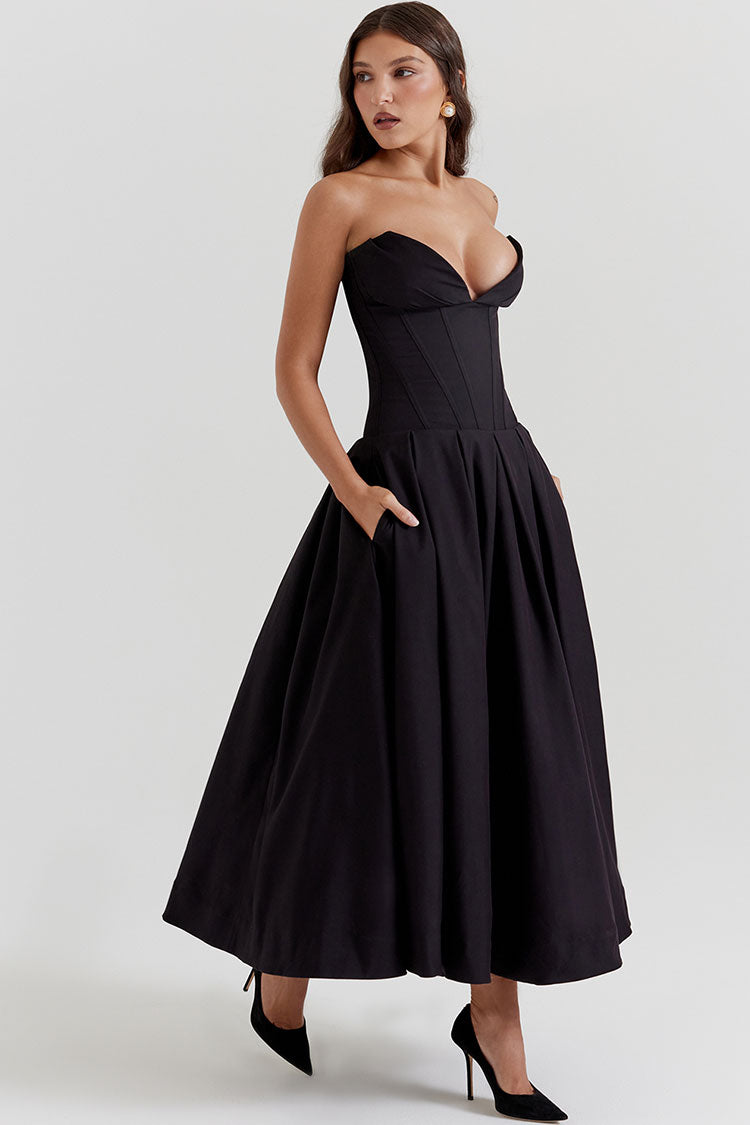 V Yaka Straplez Fit Flare Midi Elbise - Siyah