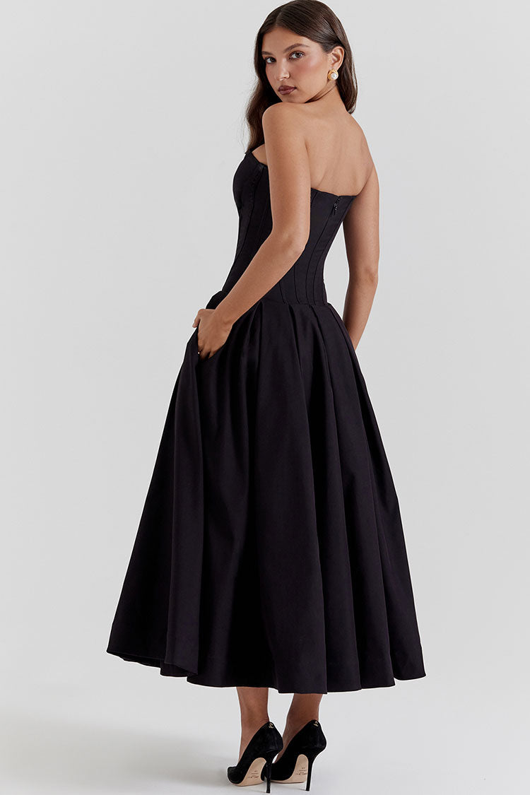 V Yaka Straplez Fit Flare Midi Elbise - Siyah