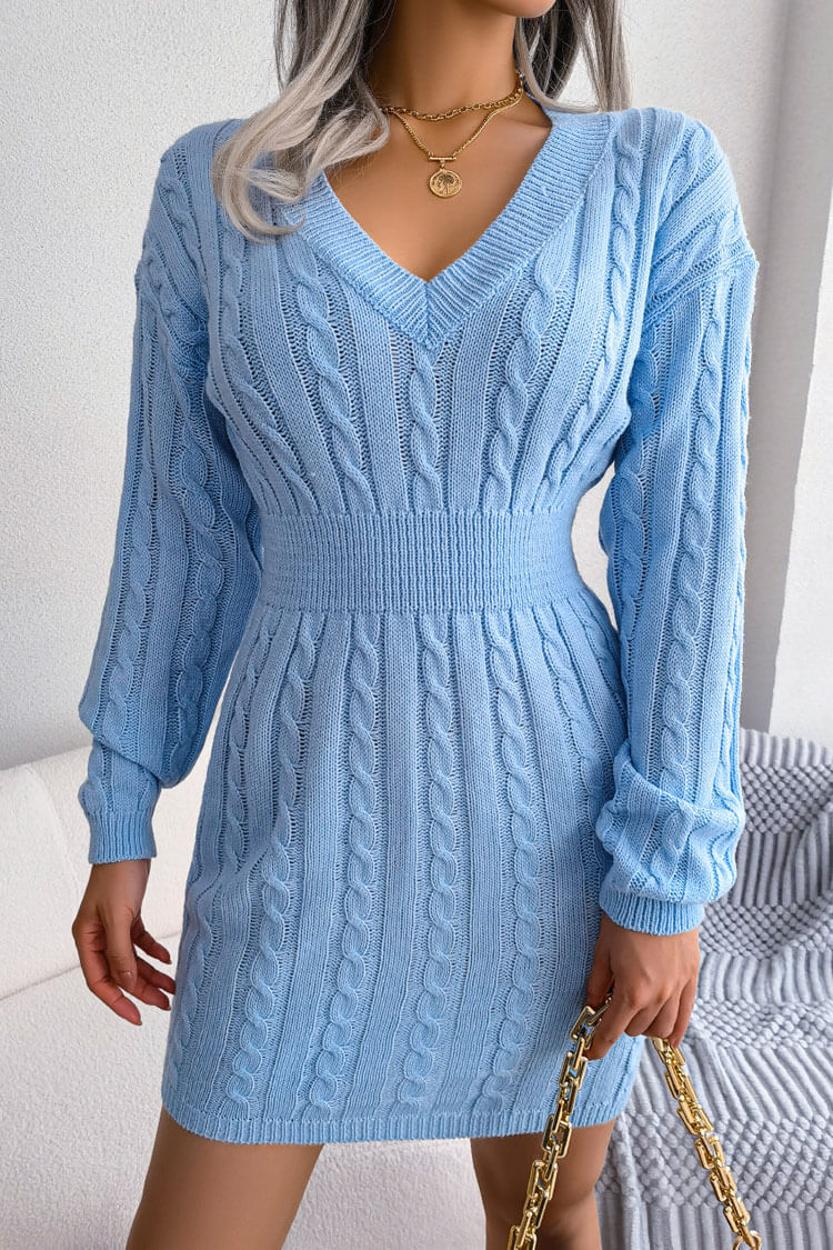 Kışlık Balıkçı Örgü Mini Elbise - Mavi