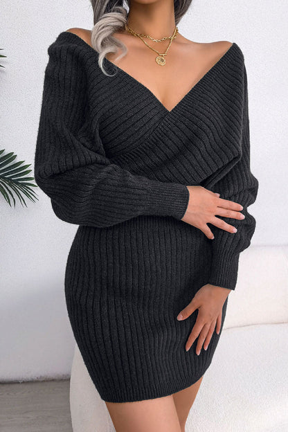 Wrap V Yaka Ribana Örgü Mini Elbise - Siyah