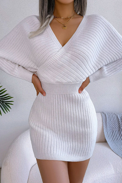 Wrap V Yaka Ribana Örgü Mini Elbise - Beyaz