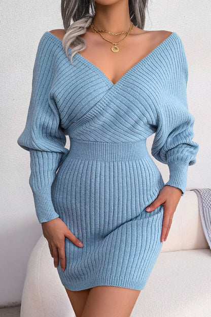 Wrap V Yaka Ribana Örgü Mini Elbise - Mavi