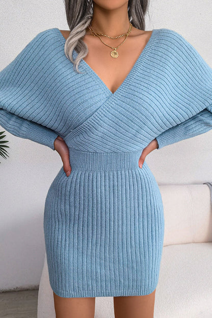 Wrap V Yaka Ribana Örgü Mini Elbise - Mavi