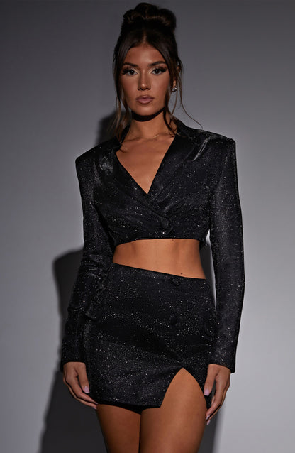 Stefania Shimmering Black Short Suit