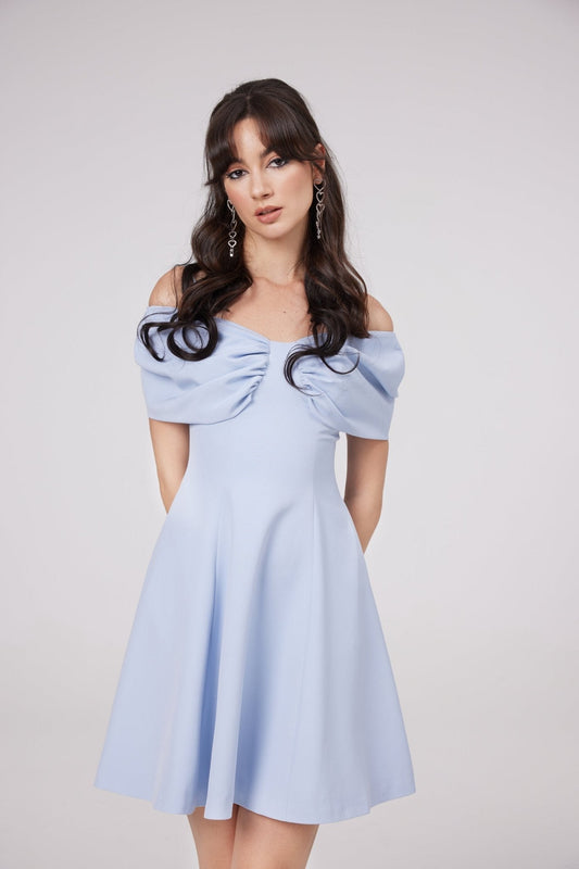 Valerie Mavi Fiyonklu Kloş Mini Elbise