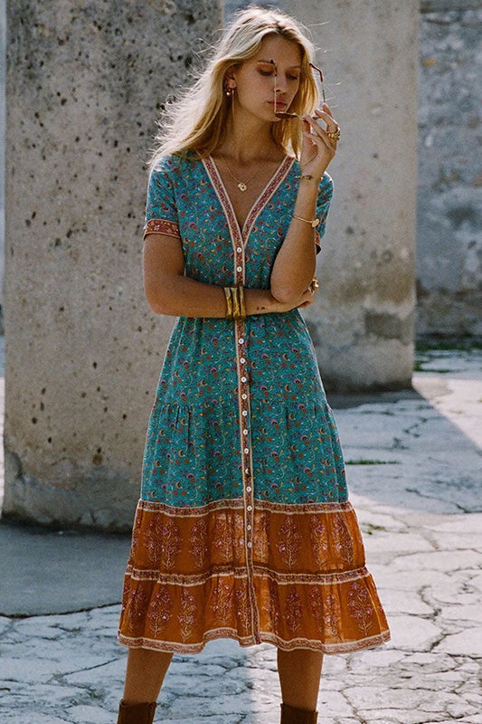Vintage Çiçek Desenli Midi Elbise - Deniz Mavisi