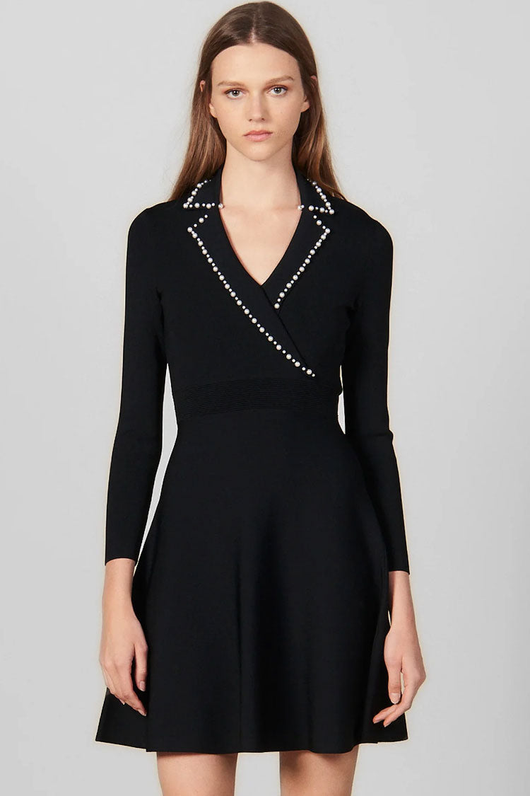 Vintage İnci Yaka Mini Elbise - Siyah